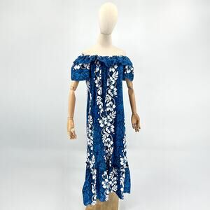 Vintage 90s KY’S Blue Hawaiian Cotton Cold Shoulder Maxi Dress